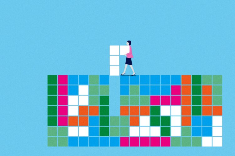 Illustration of a businesswoman placing puzzle-piece blocks into a gap in a colorful grid, representing the search for the best CTV advertising DSP