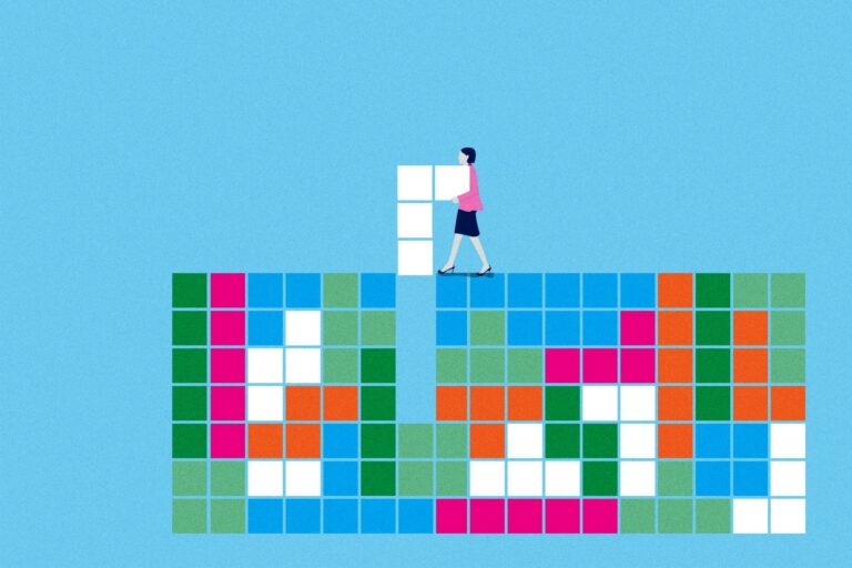 Illustration of a businesswoman placing puzzle-piece blocks into a gap in a colorful grid, representing the search for the best CTV advertising DSP