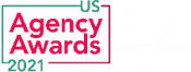 US Agency Awards 2021 logo with teal and pink text inside and outside a rectangular outline on a black background.