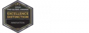 A hexagonal badge with the text: "2024 PMO Global Awards Excellence Distinction Innovation" on a black background.
