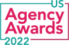 Logo for the US Agency Awards 2022, featuring bold pink and teal text with a minimalist linear border design.