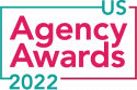 Logo for the US Agency Awards 2022, featuring bold pink and teal text with a minimalist linear border design.